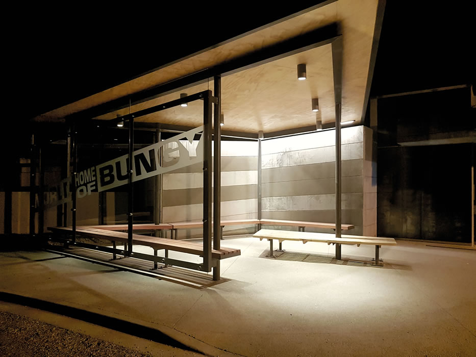 Bus shelter for A J Hackett Bungy Queenstown, Kawarau Bridge, New Zealand © Targetti Lighting NZ